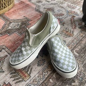 Van’s slip on shoes. U.S size 1 in kids. Sage and white checkered.